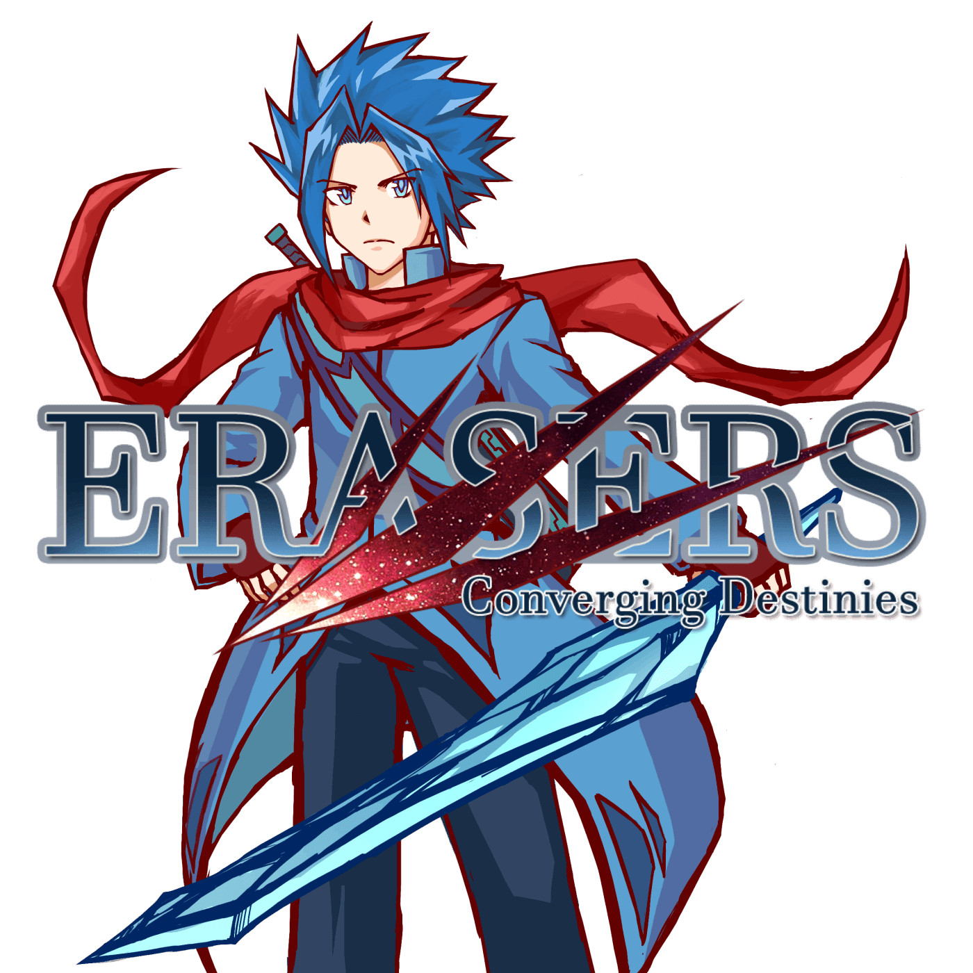 a man holding a sword with the words erasers on it