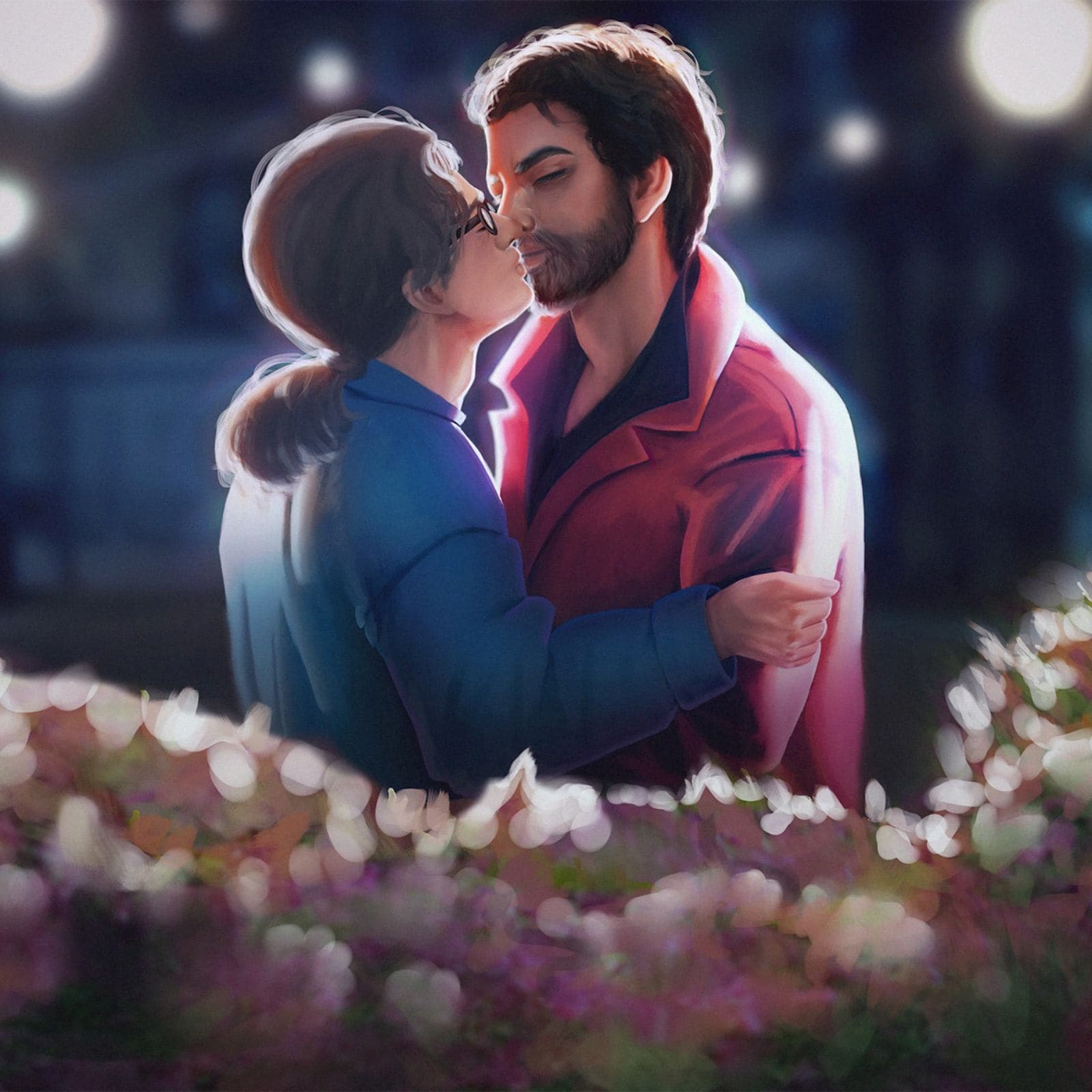 a man and a woman kissing in front of flowers