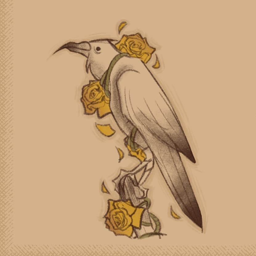 a drawing of a crow with roses on it