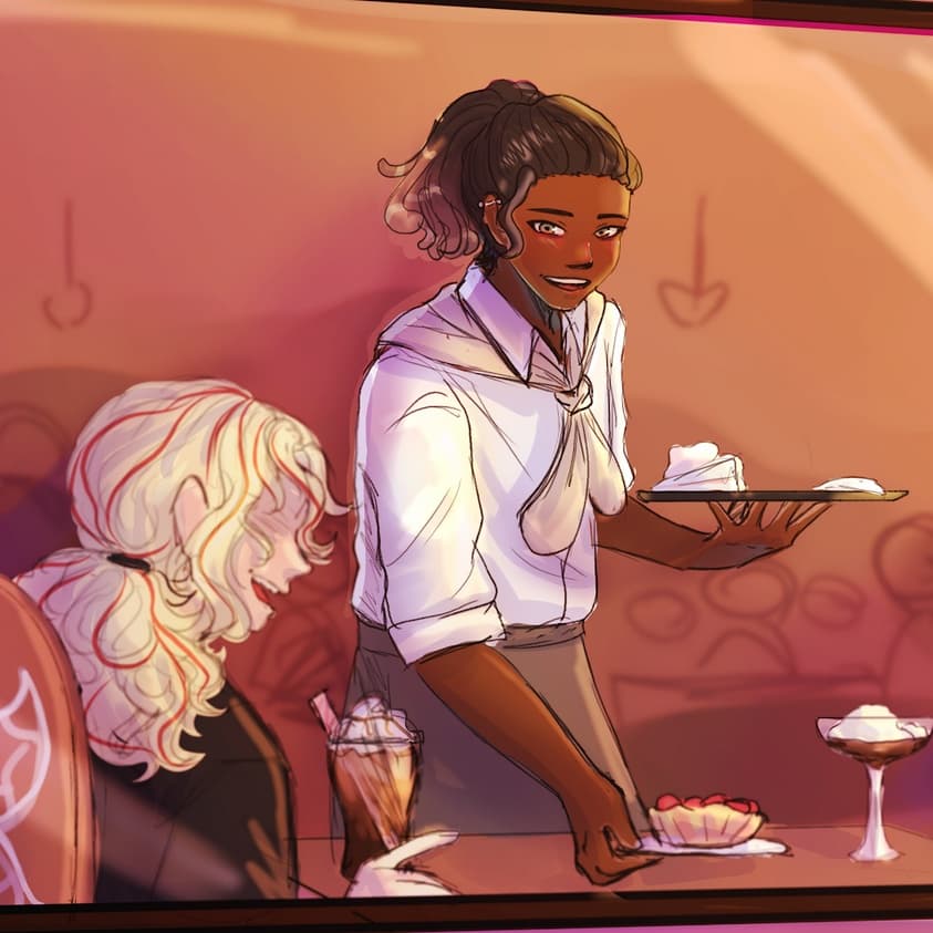 an illustration of a waitress serving a cake to a woman