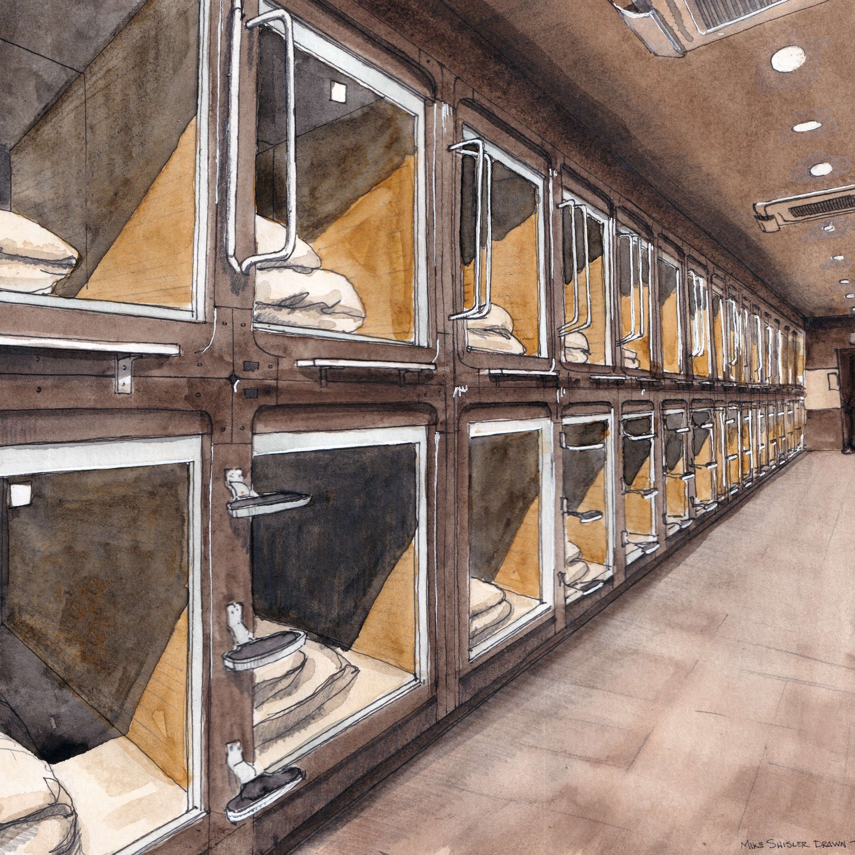 James Blackwell - Designation: a drawing of a row of wooden boxes