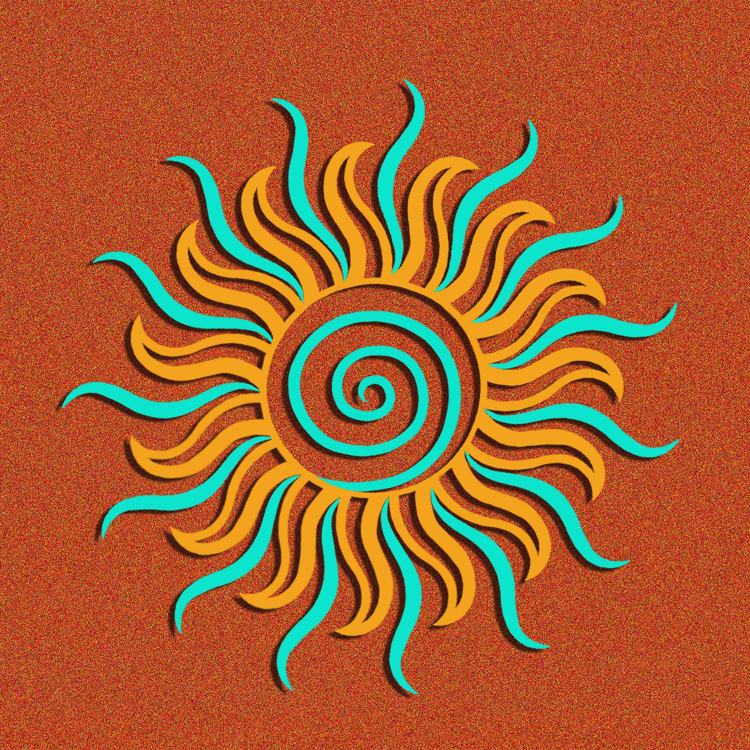 James Blackwell - Temple of the Sun: a sun with blue and orange swirls on a brown background