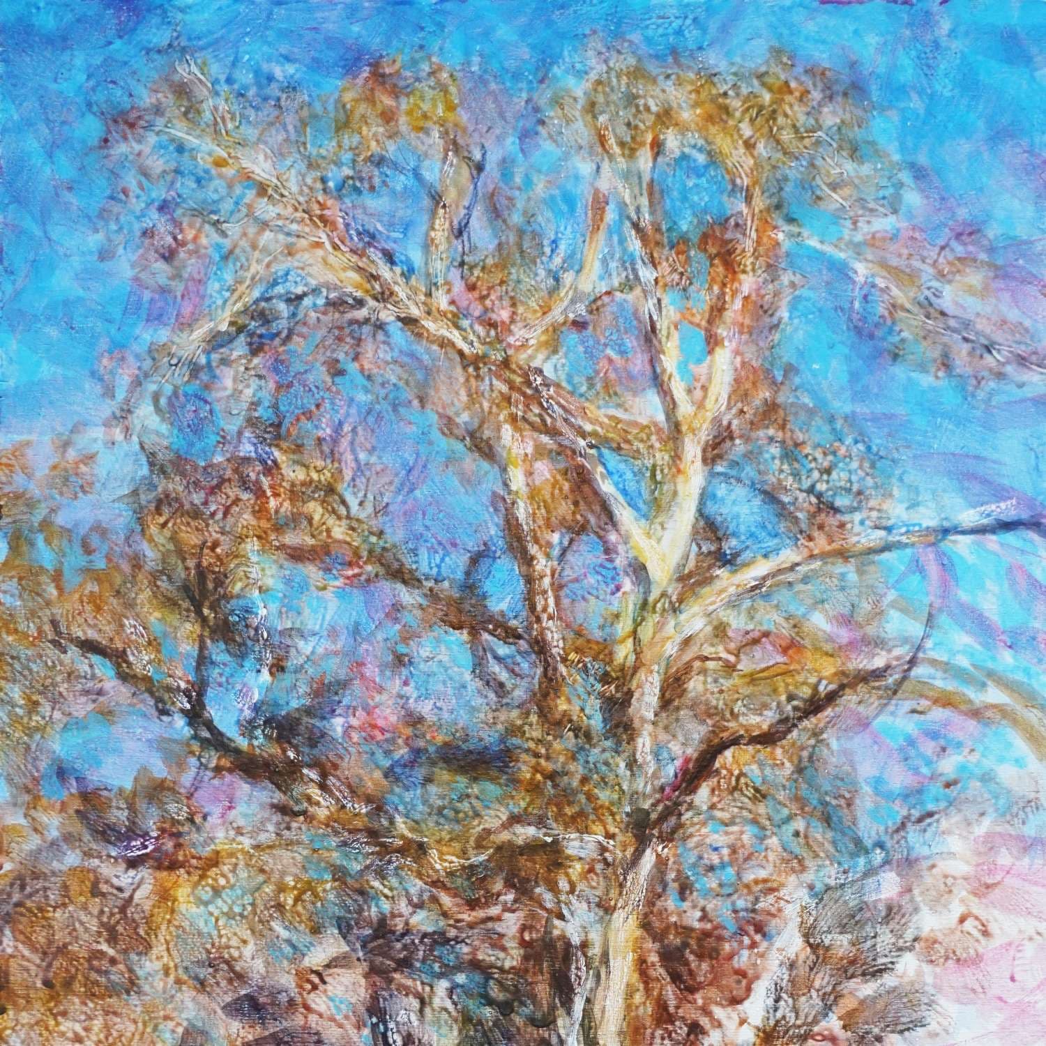 a painting of a tree in a blue sky