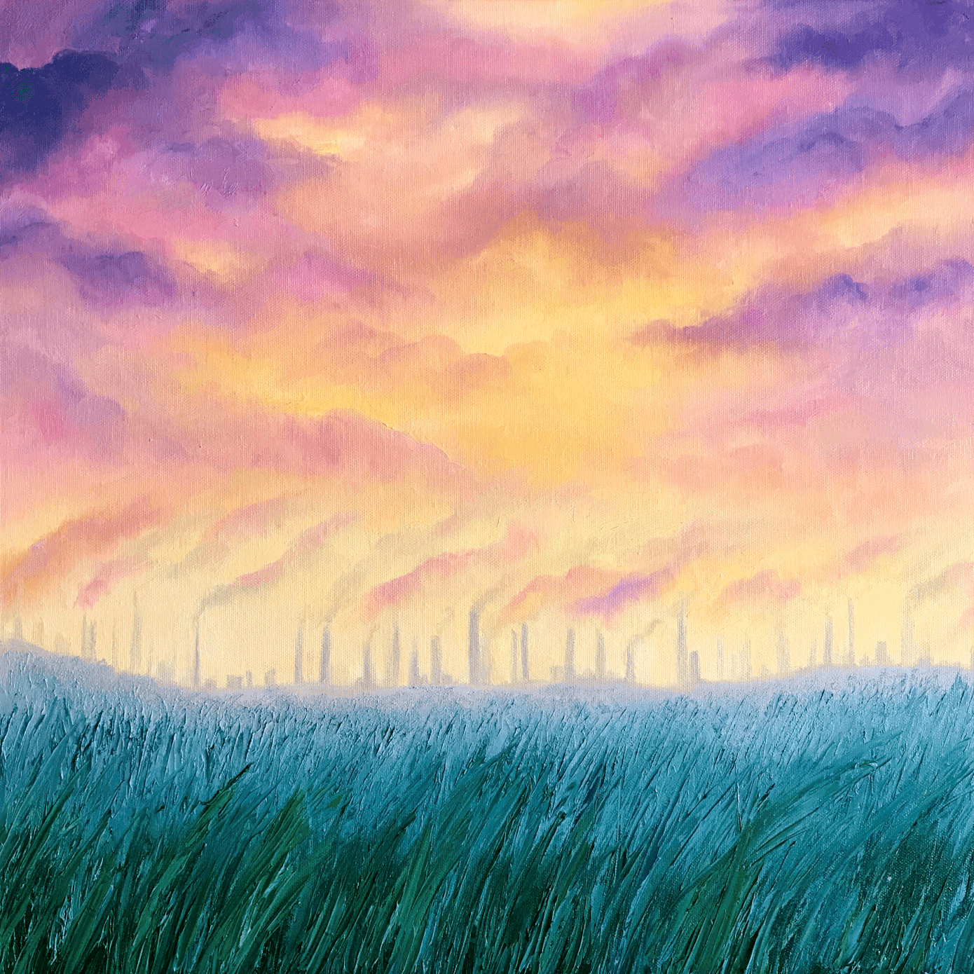 James Blackwell - Synthetic Sunset: a painting of a sunset over a field of grass