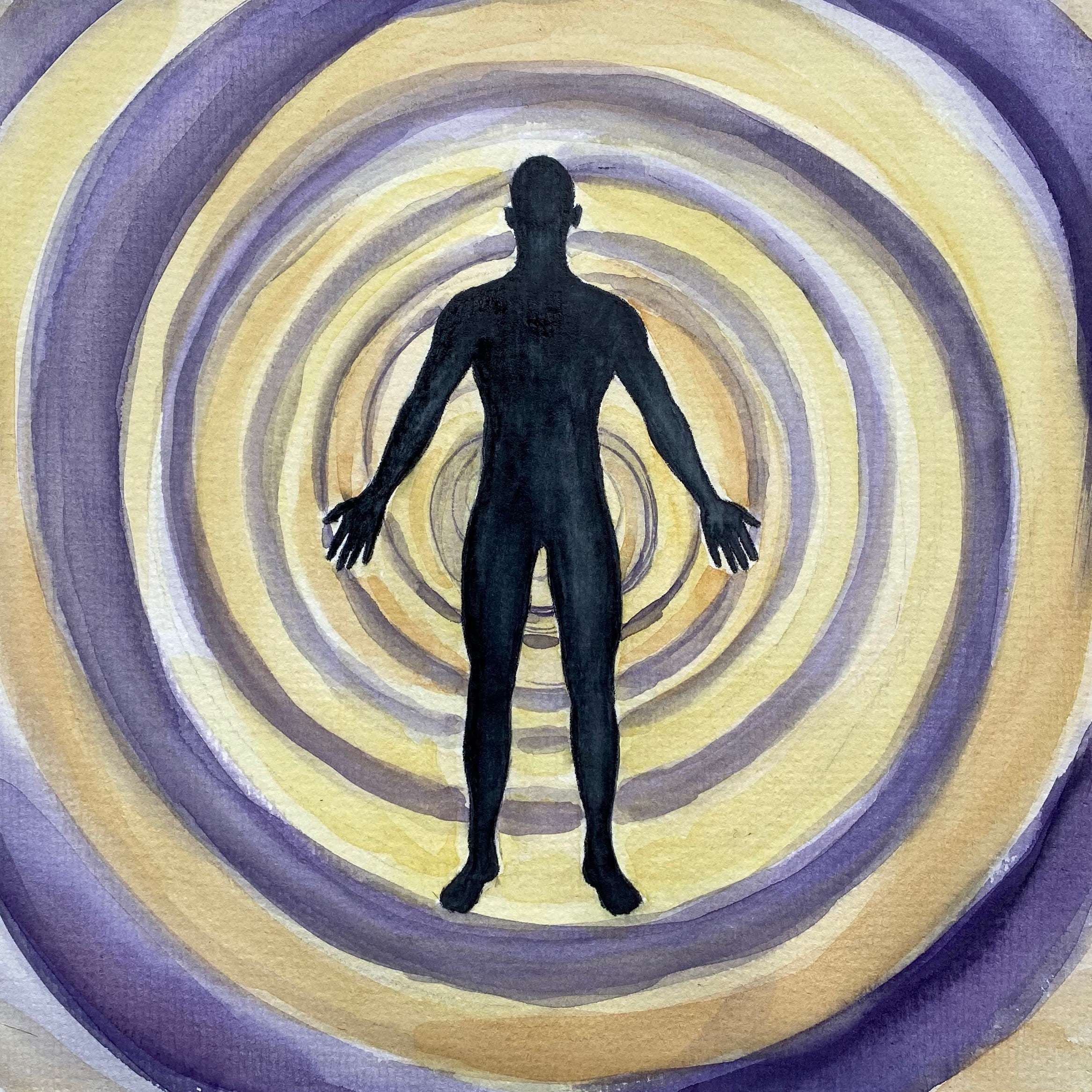 a painting of a man standing in a yellow and purple vortex