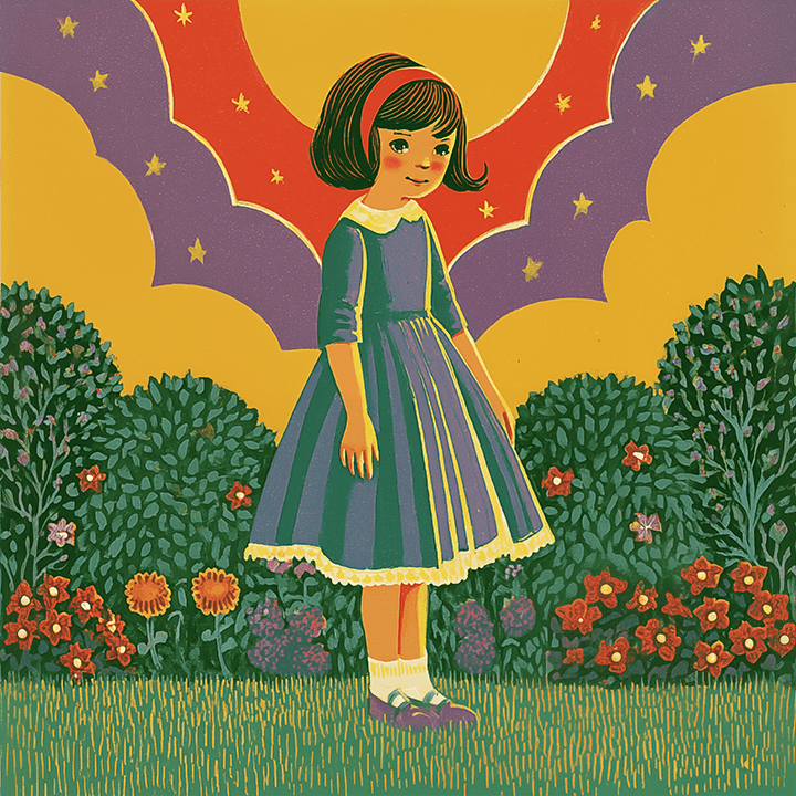 James Blackwell - The Possible Paths of Miss Pickett: a girl in a dress standing in a field